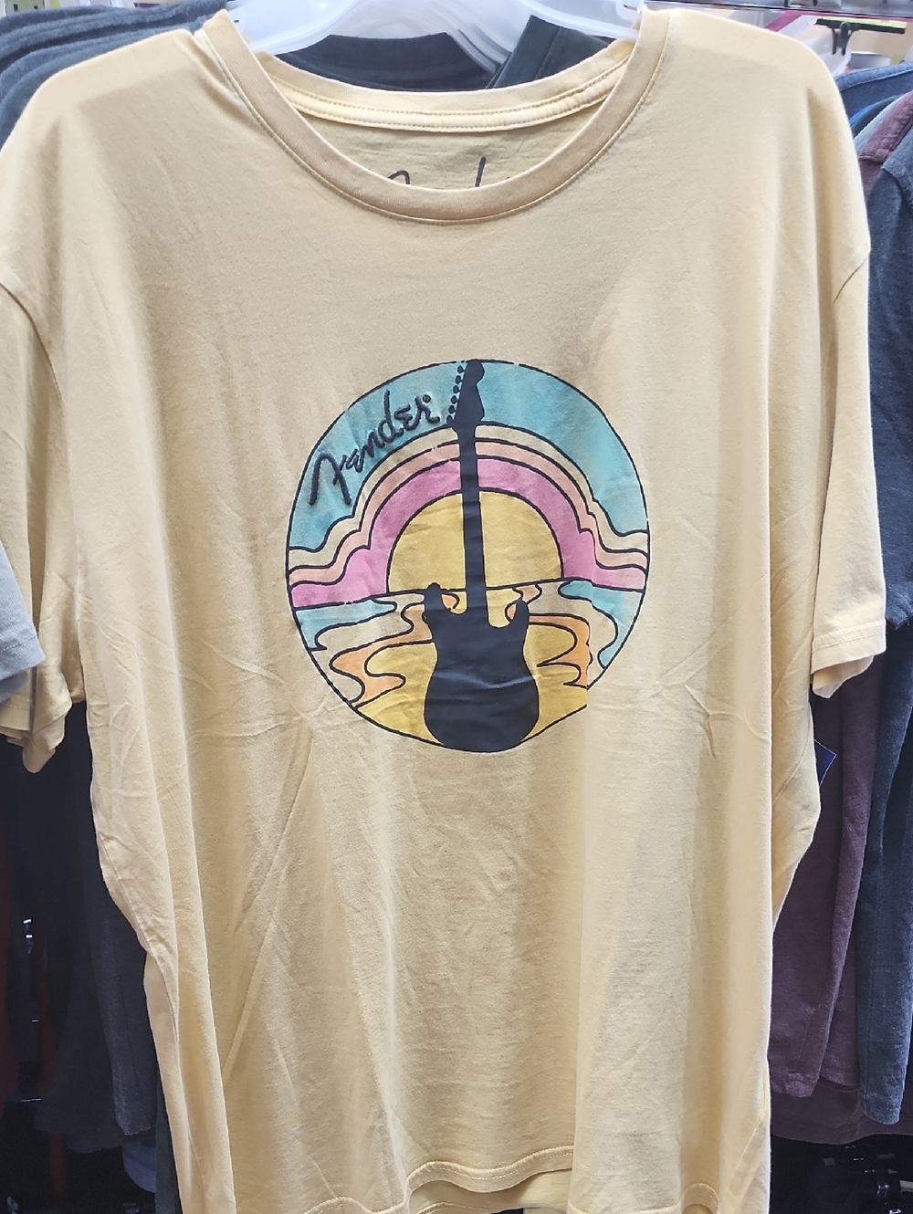 Venice Fender Yellow Tee with Multicolor Retro Guitar Graphic